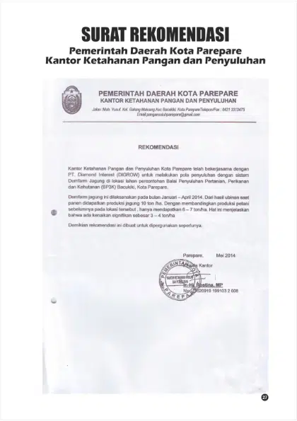 Surat rekomendasi dari Pemerintah Daerah Kota Parepare Kantor Ketahanan Pangan dan Penyuluhan