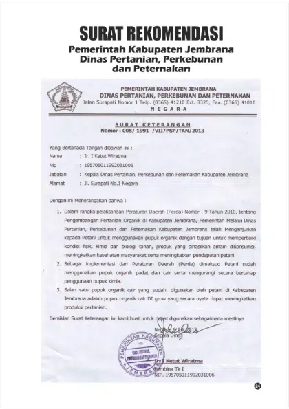 Surat rekomendasi dari Pemerintah Kabupaten Jembran Dinas Pertanian, Perkebunan dan Peternakan