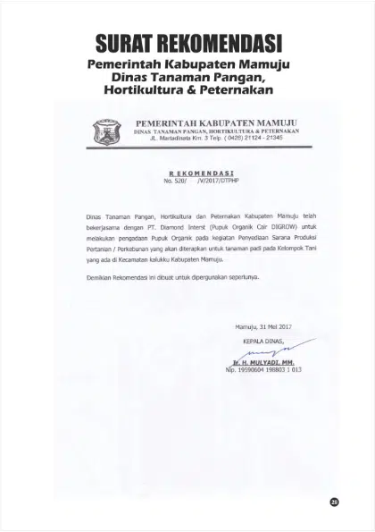 Surat rekomendasi dari Pemerintah Kabupaten Mamuju Dinas Tanaman Pangan, Hortikultura dan Peternakan