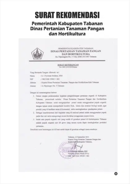 Surat rekomendasi dari Pemerintah Kabupaten Tabanan Dinas Pertanian Tanaman Pangan dan Hortikultura