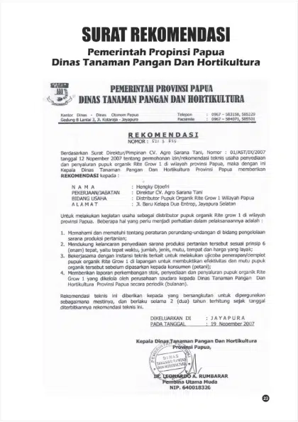 Surat rekomendasi dari Pemerintah Propinsi Papua Dinas Tanaman Pangan dan Hortikultura